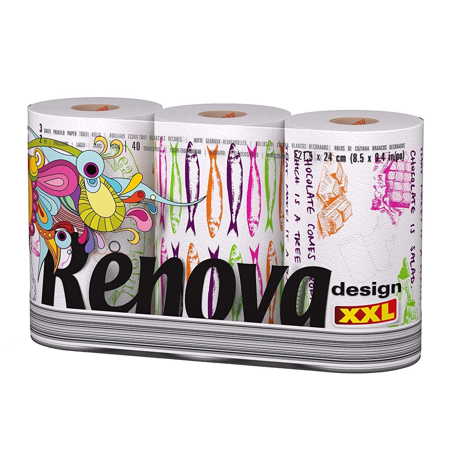Renova Kitchen Roll Design Paper Kitchen Towels XXL Küchenrolle, 3 Rollen