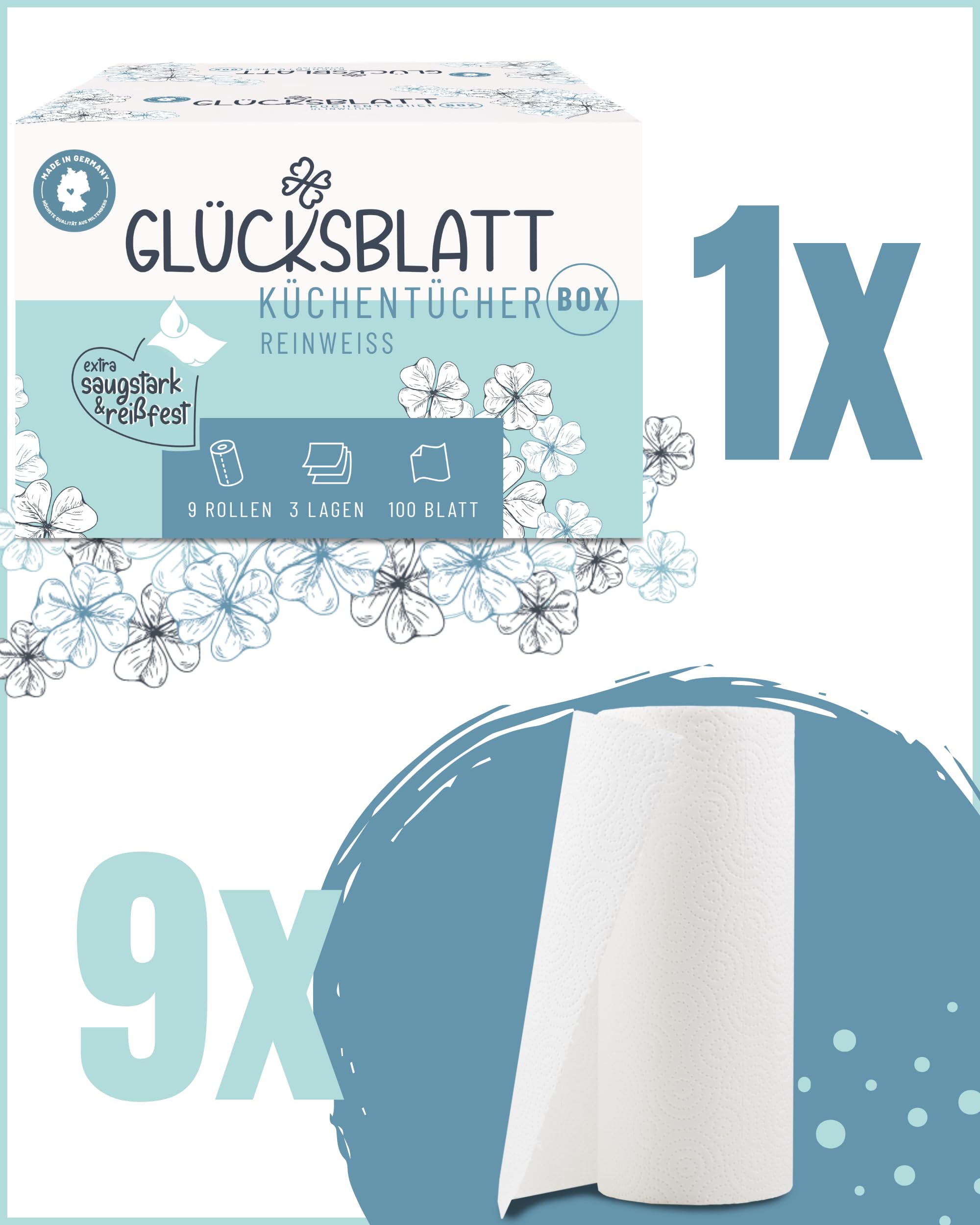 Glücksblatt Küchentücher Küchenrolle, 9 Rollen, 100 Blatt, 3-lagig