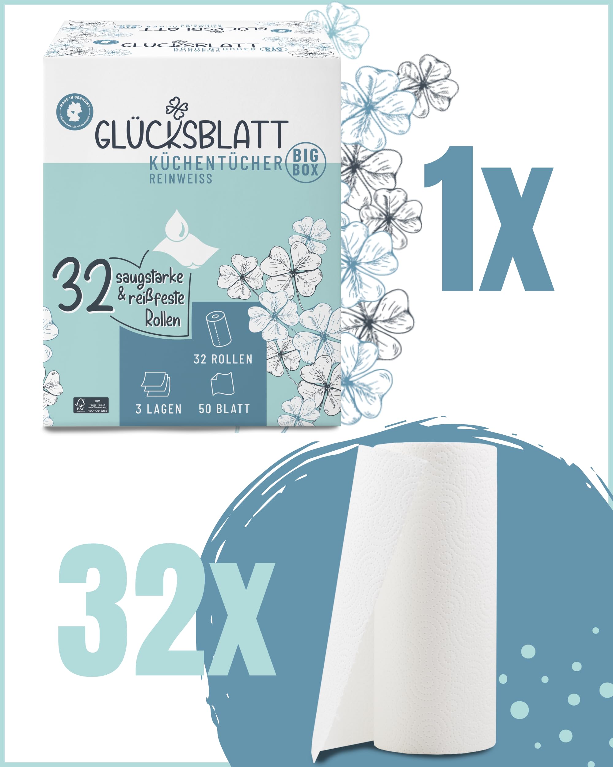 Glücksblatt Küchentücher Küchenrollen 32 Rollen 3-lagig saugstark