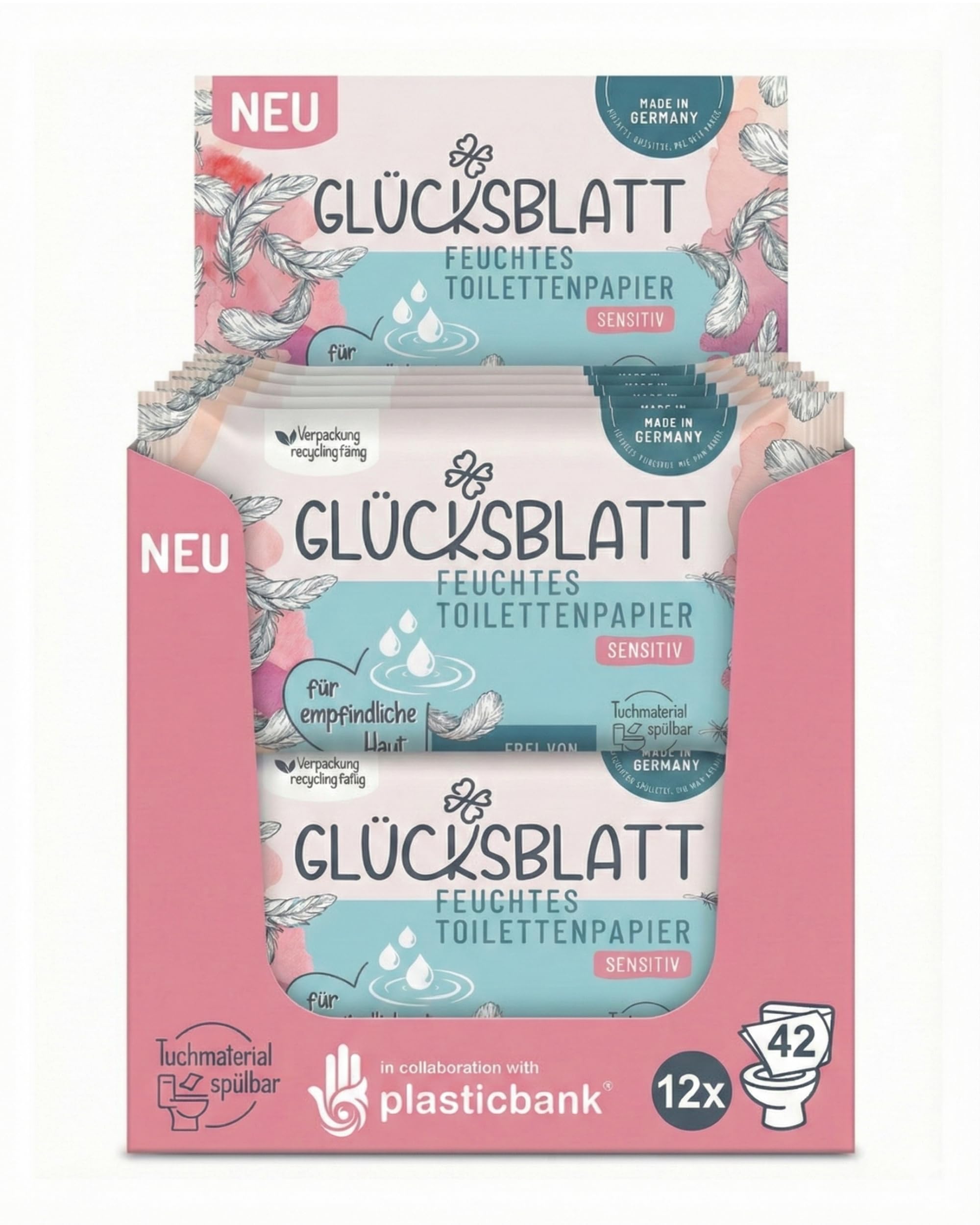 Glücksblatt Tücher Sensitiv feuchtes Toilettenpapier 12 × 42 parfümfrei