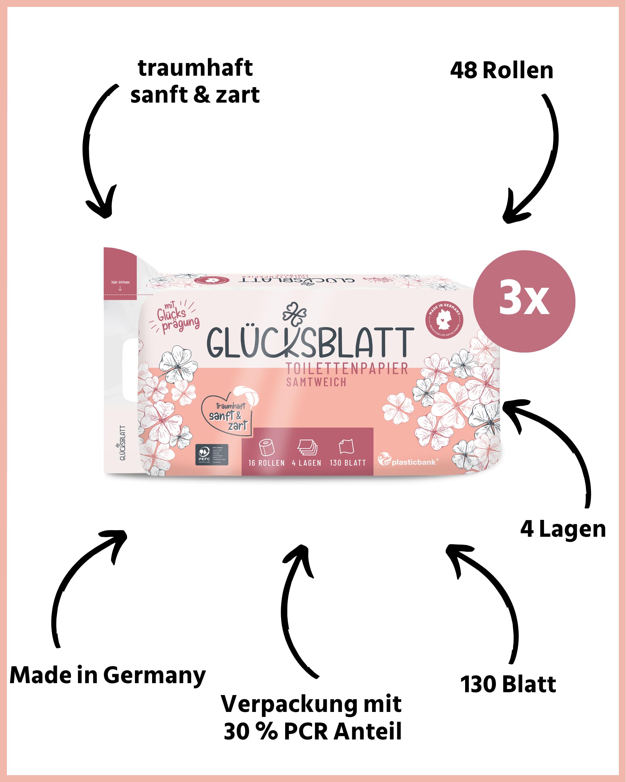 Glücksblatt Toilettenpapier samtweich, 48 Rollen, 4-lagig