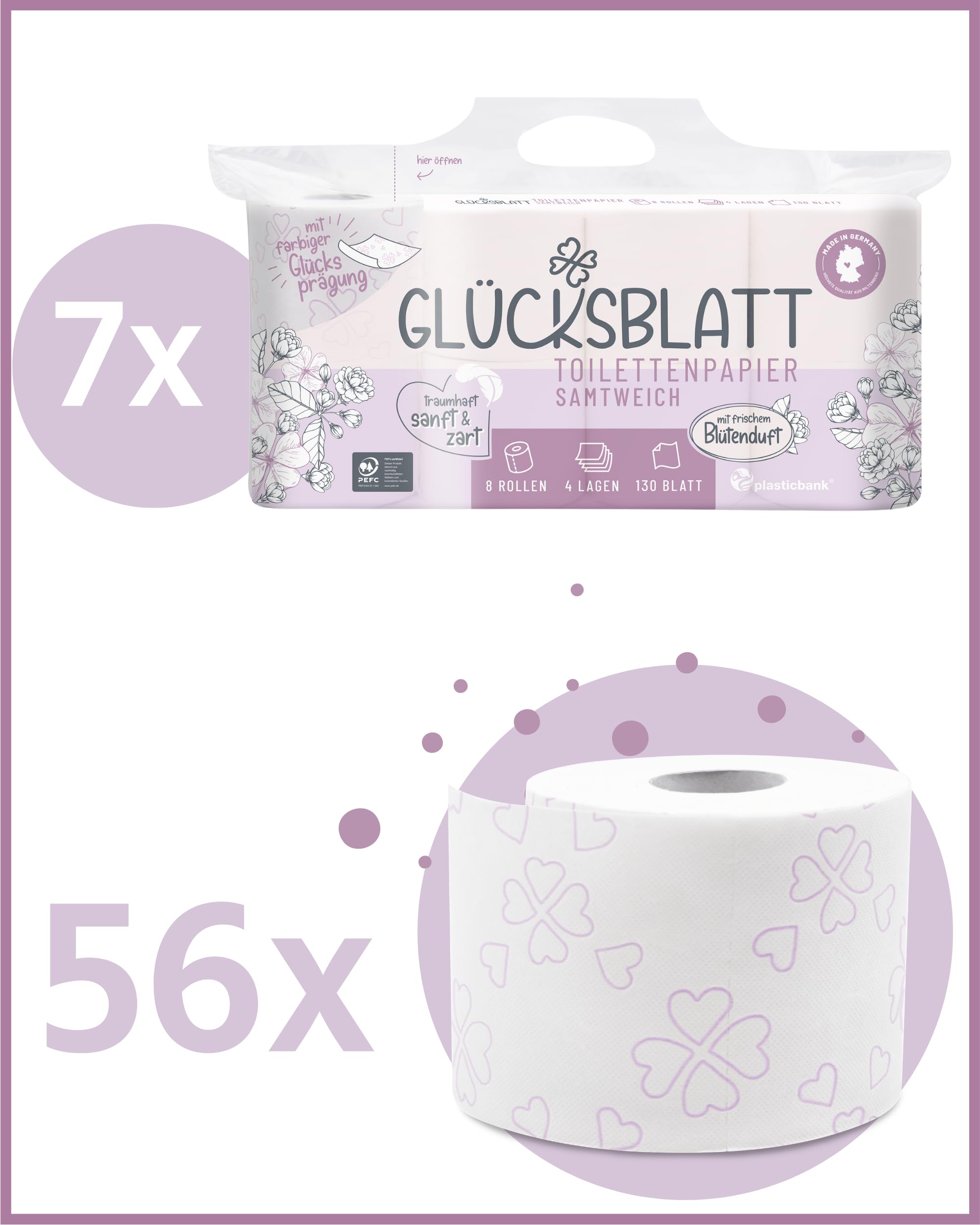 Glücksblatt Toilettenpapier, 56 Rollen, 130 Blatt, 4-lagig mit Blütenduft