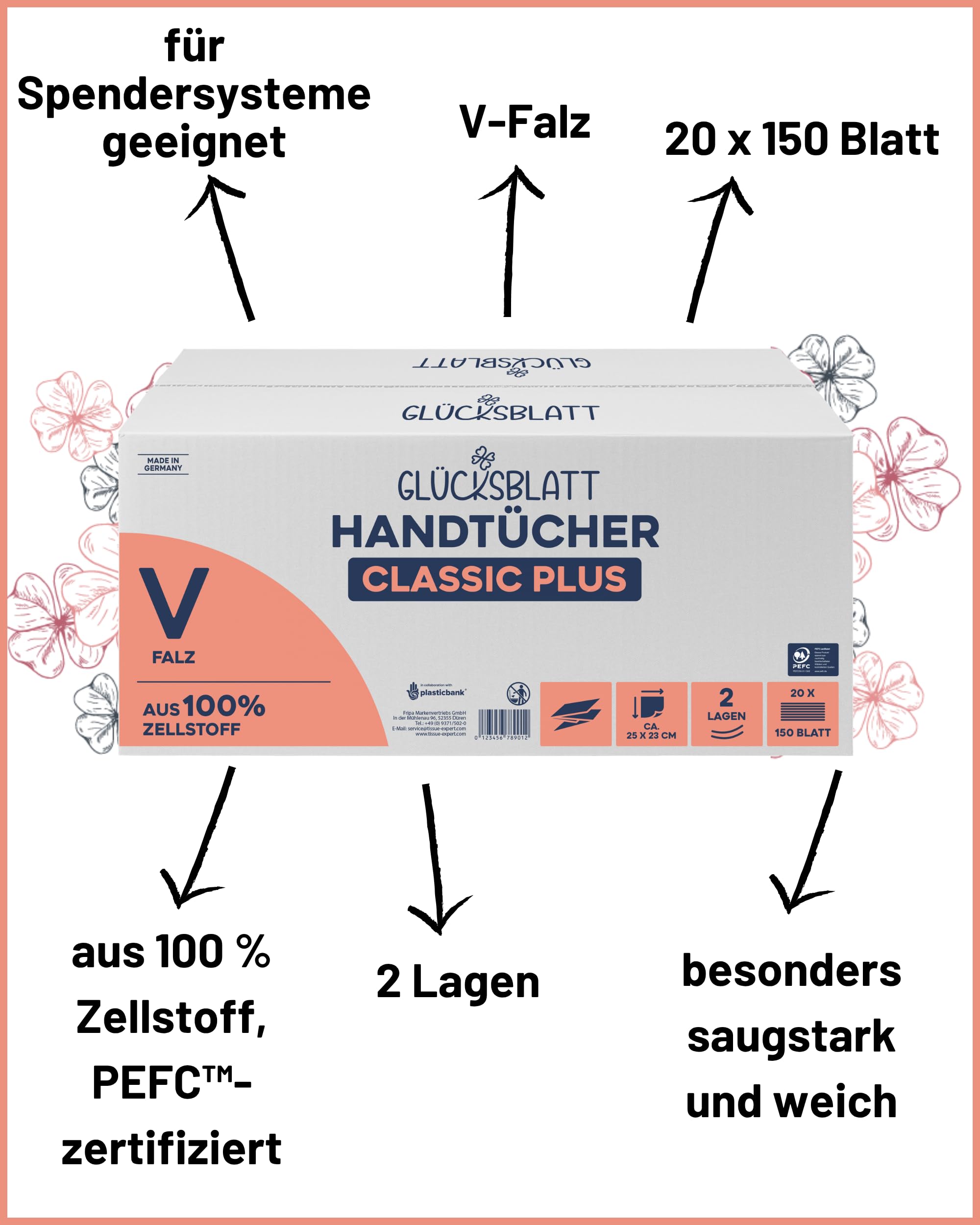 Glücksblatt Handtücher Papierhandtücher V-Falz, 3000 Blatt, 2-lagig