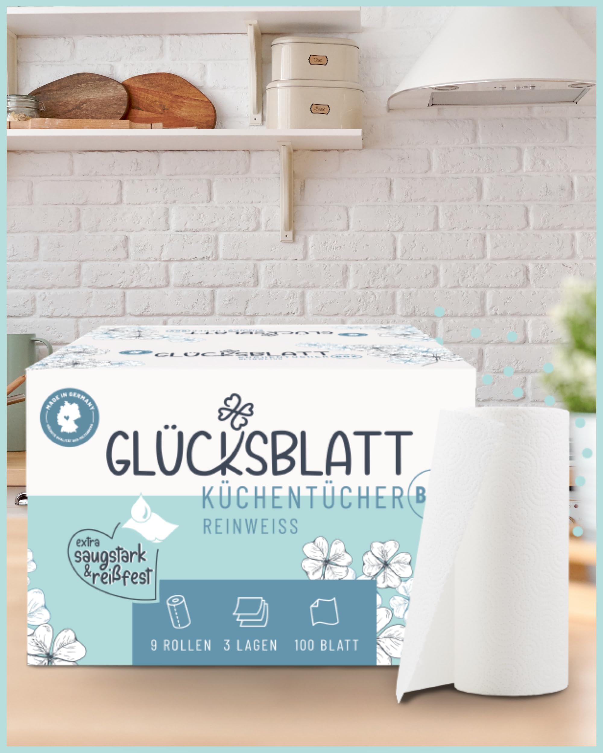 Glücksblatt Küchentücher Küchenrolle, 9 Rollen, 100 Blatt, 3-lagig