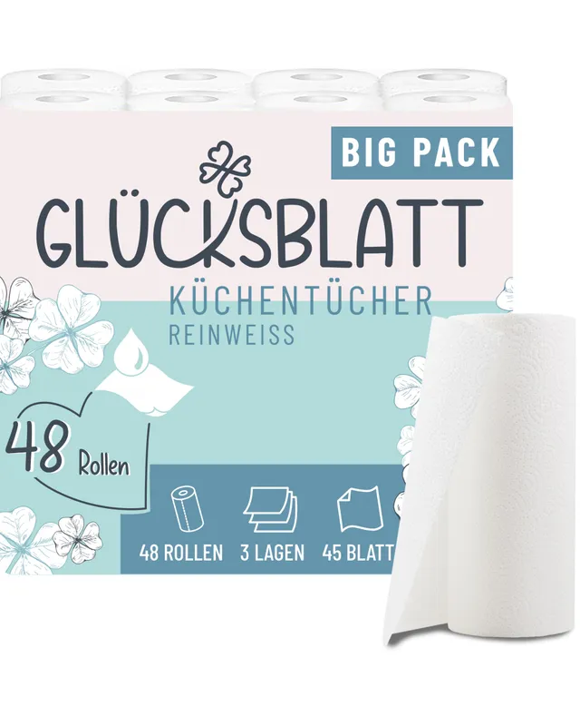 Glücksblatt Küchentücher Küchenpapier 48 Rollen, 3-lagig saugstark
