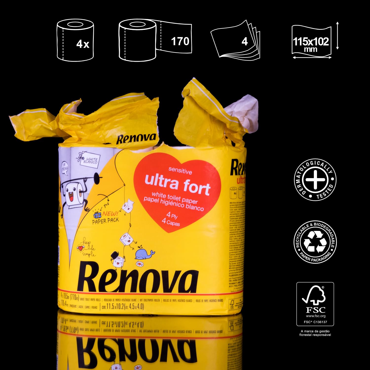 Renova ULTRA FORT Toilettenpapier Weiß, 4 Rollen, 4-lagig