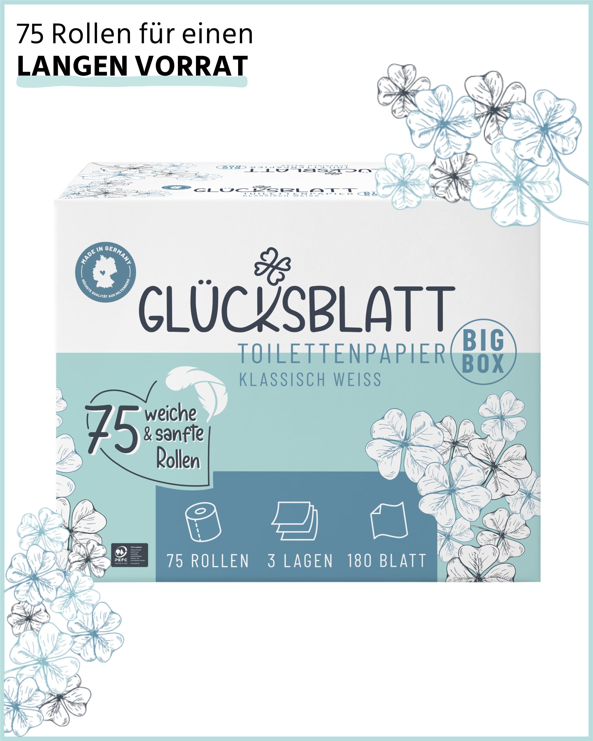 Glücksblatt Toilettenpapier Box 3-lagig, 75 Rollen, 13.500 Blatt, ohne Duft