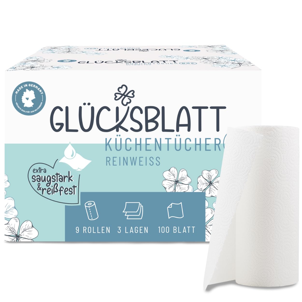 Glücksblatt Küchentücher Küchenrolle, 9 Rollen, 100 Blatt, 3-lagig