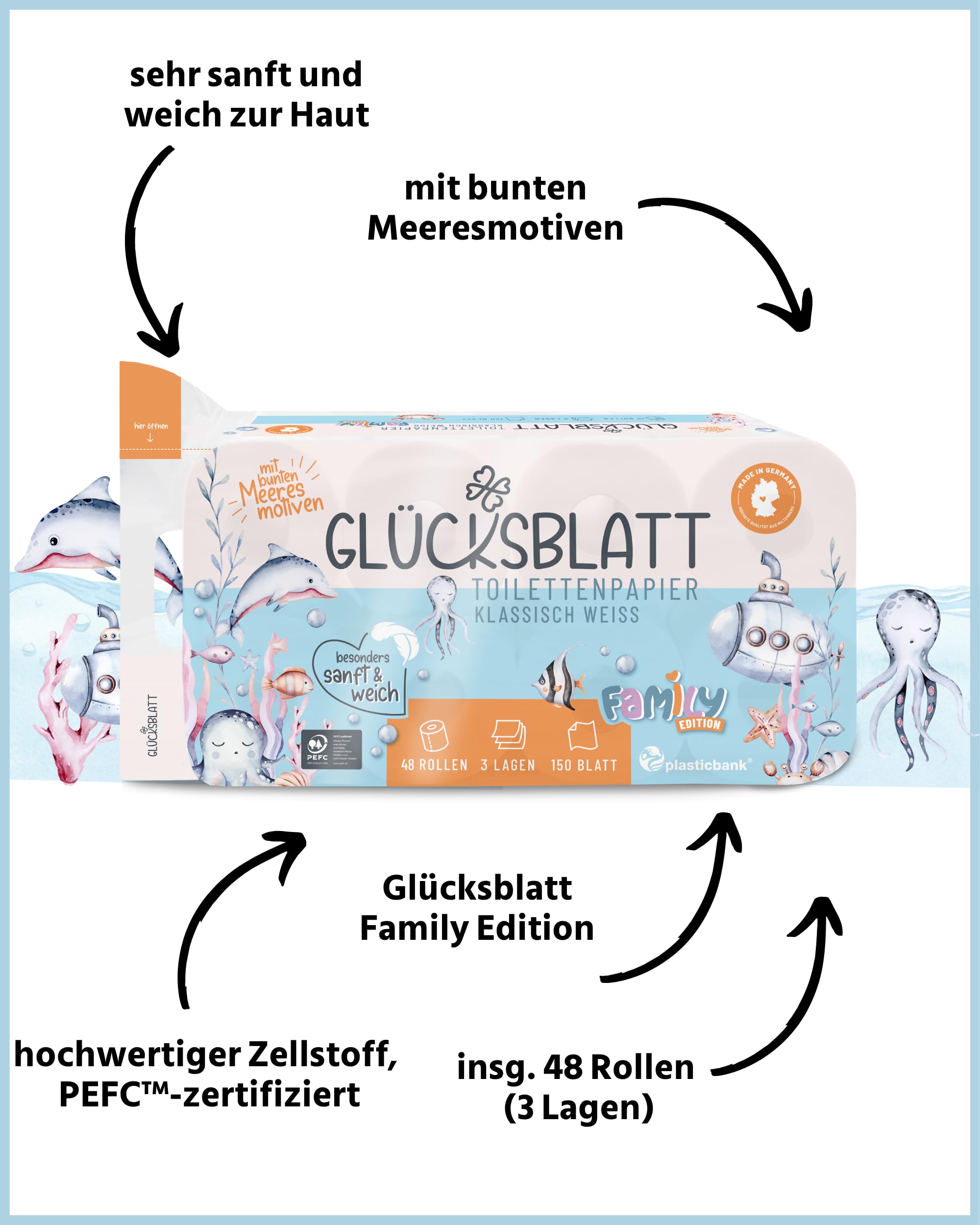 Glücksblatt Toilettenpapier 3-lagig, 48 Rollen, bunte Druckmotive