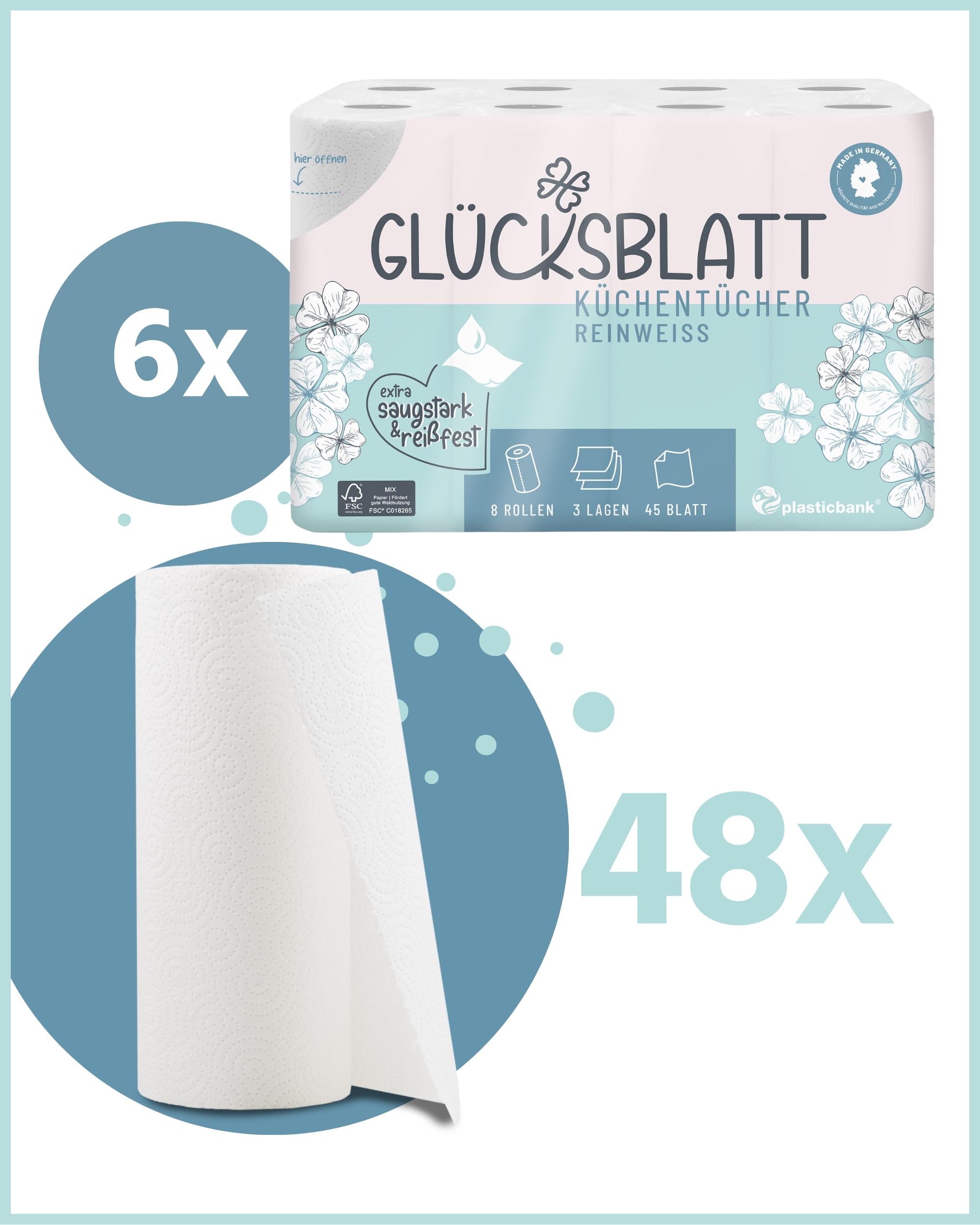 Glücksblatt Küchentücher Küchenpapier 48 Rollen, 3-lagig saugstark
