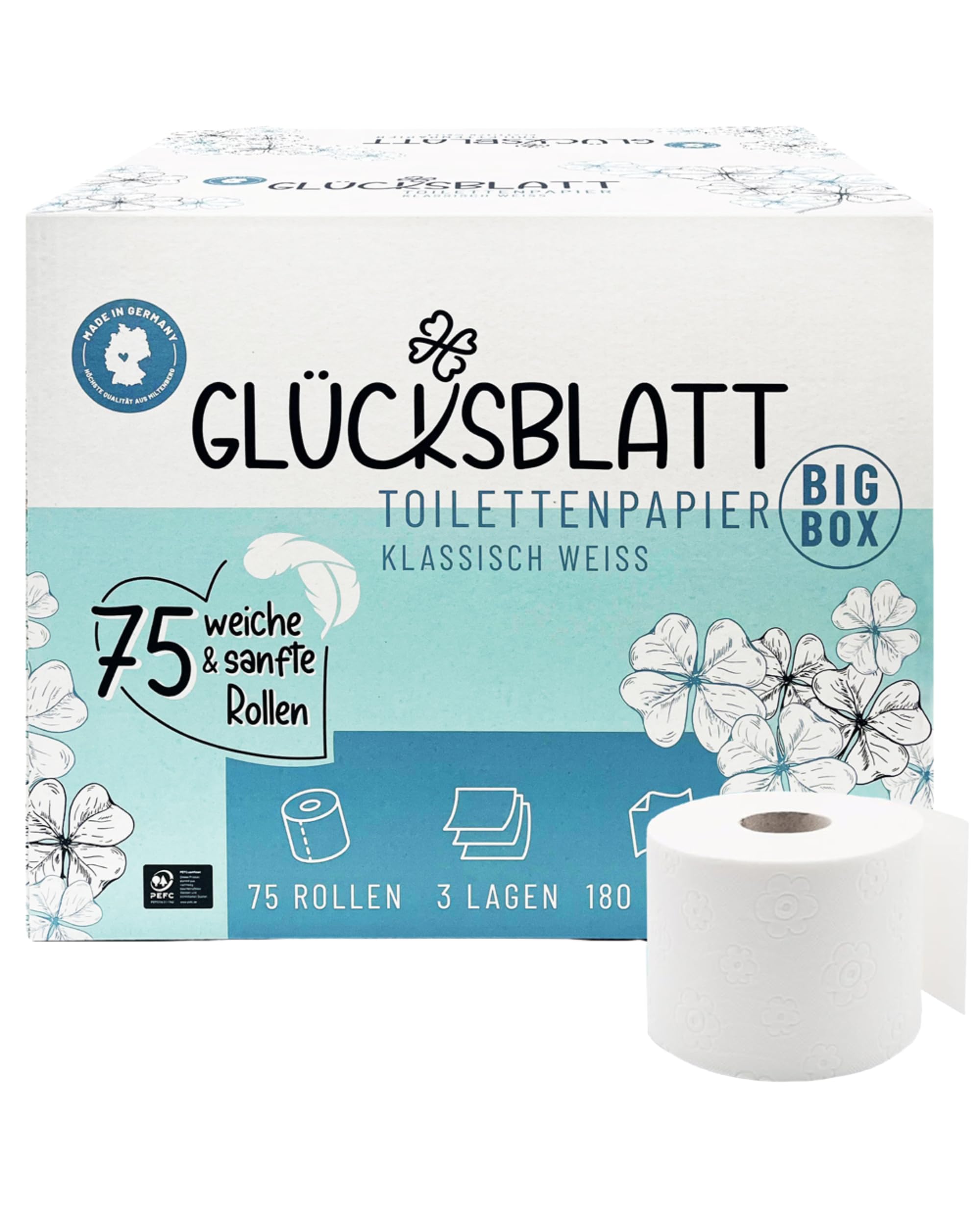 Glücksblatt Toilettenpapier Box 3-lagig, 75 Rollen, 13.500 Blatt, ohne Duft