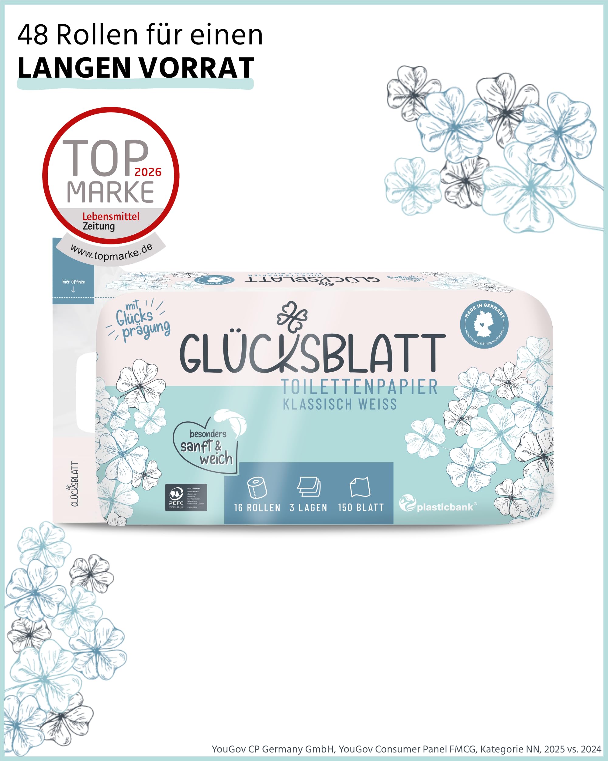 Glücksblatt Toilettenpapier Klassisch Weiß 48 Rollen, 3-lagig