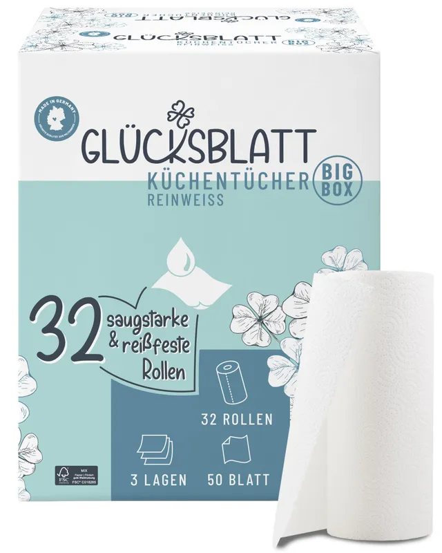 Glücksblatt Küchentücher Küchenrollen 32 Rollen 3-lagig saugstark