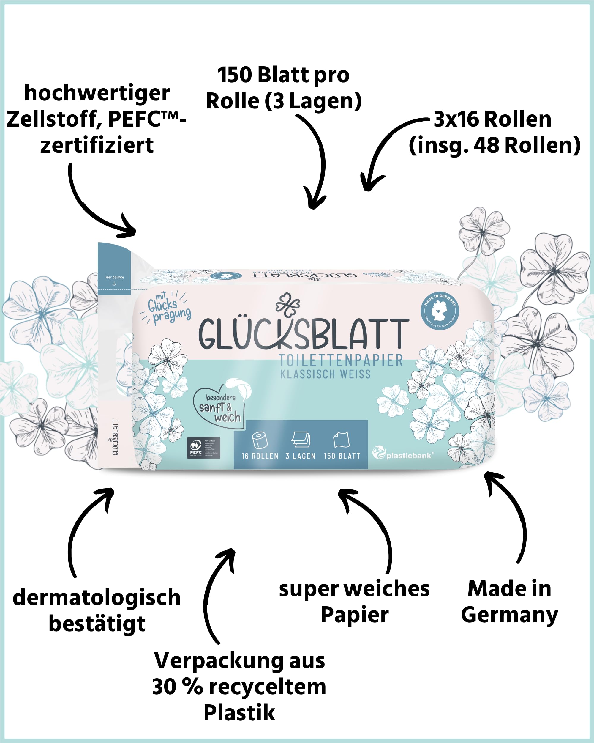 Glücksblatt Toilettenpapier Klassisch Weiß 48 Rollen, 3-lagig