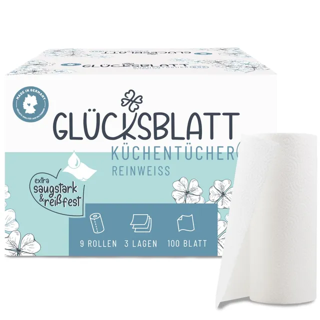 Glücksblatt Küchentücher Küchenrolle, 9 Rollen, 100 Blatt, 3-lagig