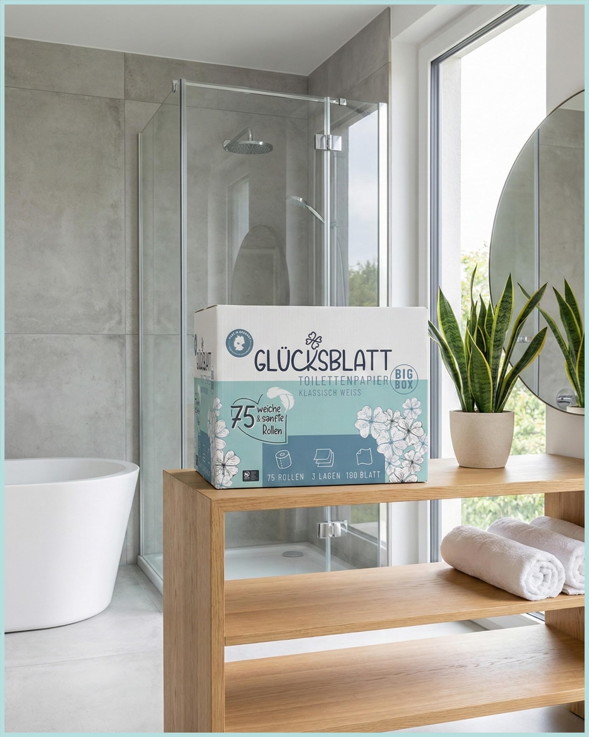 Glücksblatt Toilettenpapier Box 3-lagig, 75 Rollen, 13.500 Blatt, ohne Duft