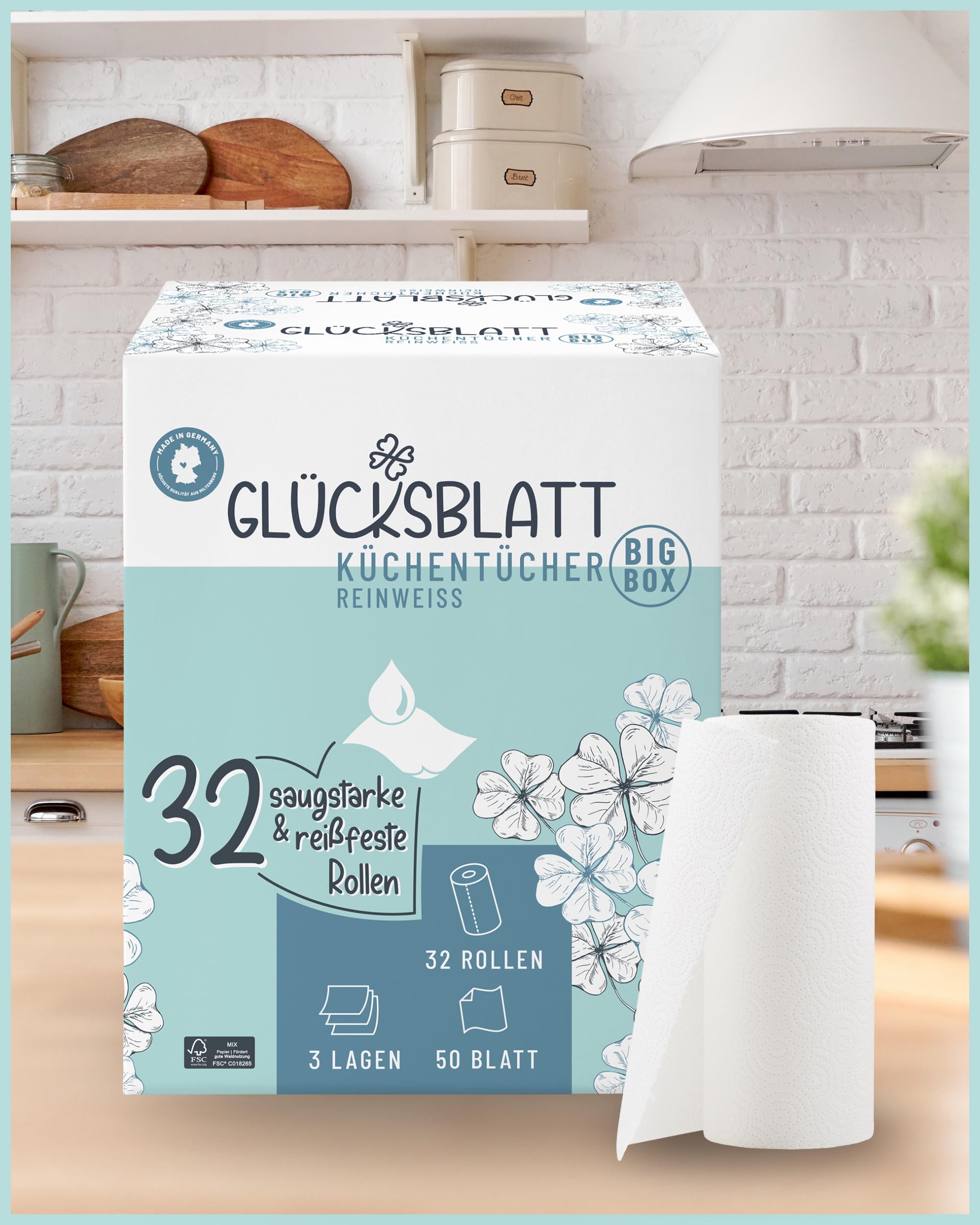 Glücksblatt Küchentücher Küchenrollen 32 Rollen 3-lagig saugstark