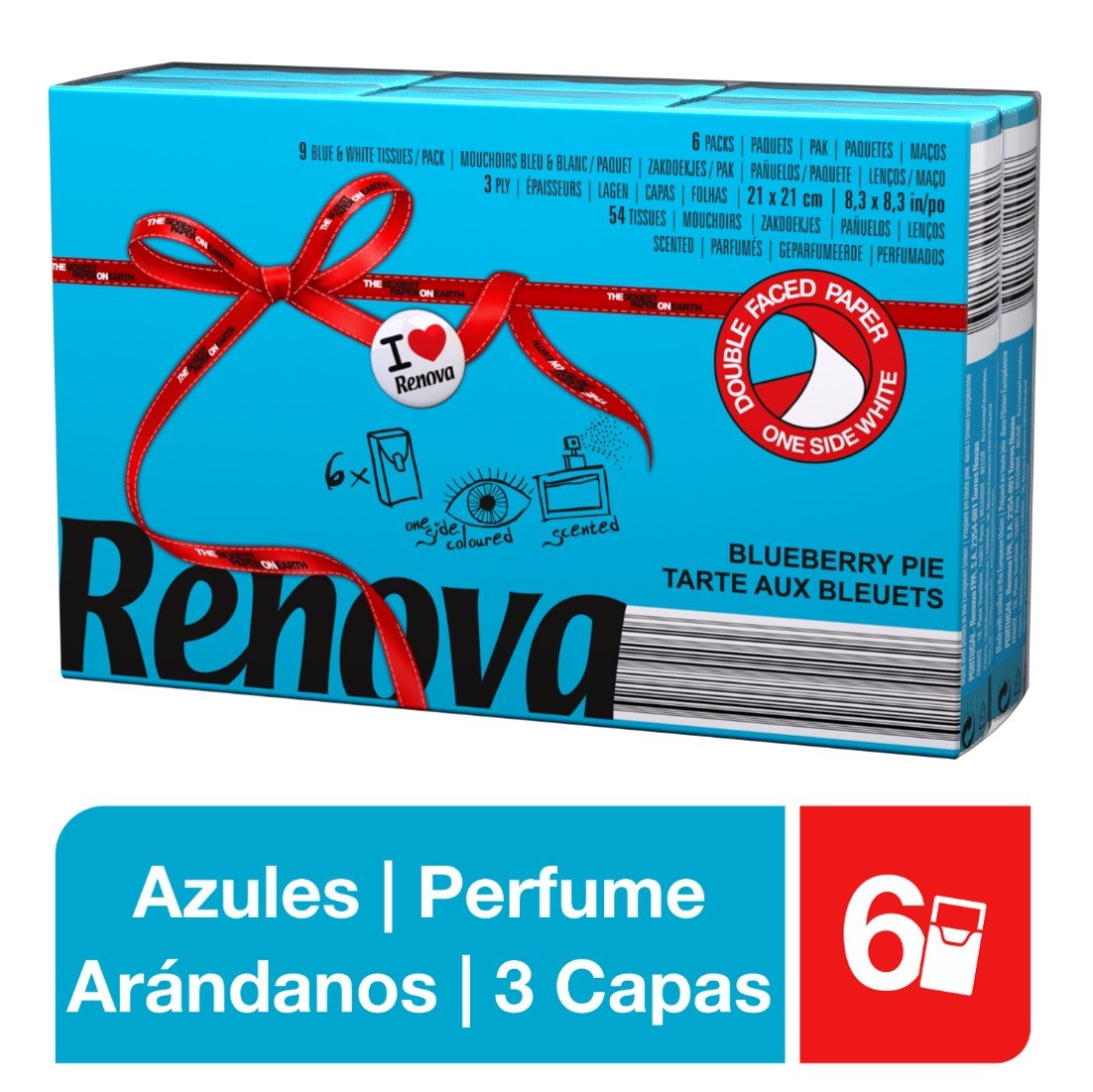 Renova Tissues Red Label Taschentücher, blau, Blaubeerkuchen-Duft, 6 Packungen
