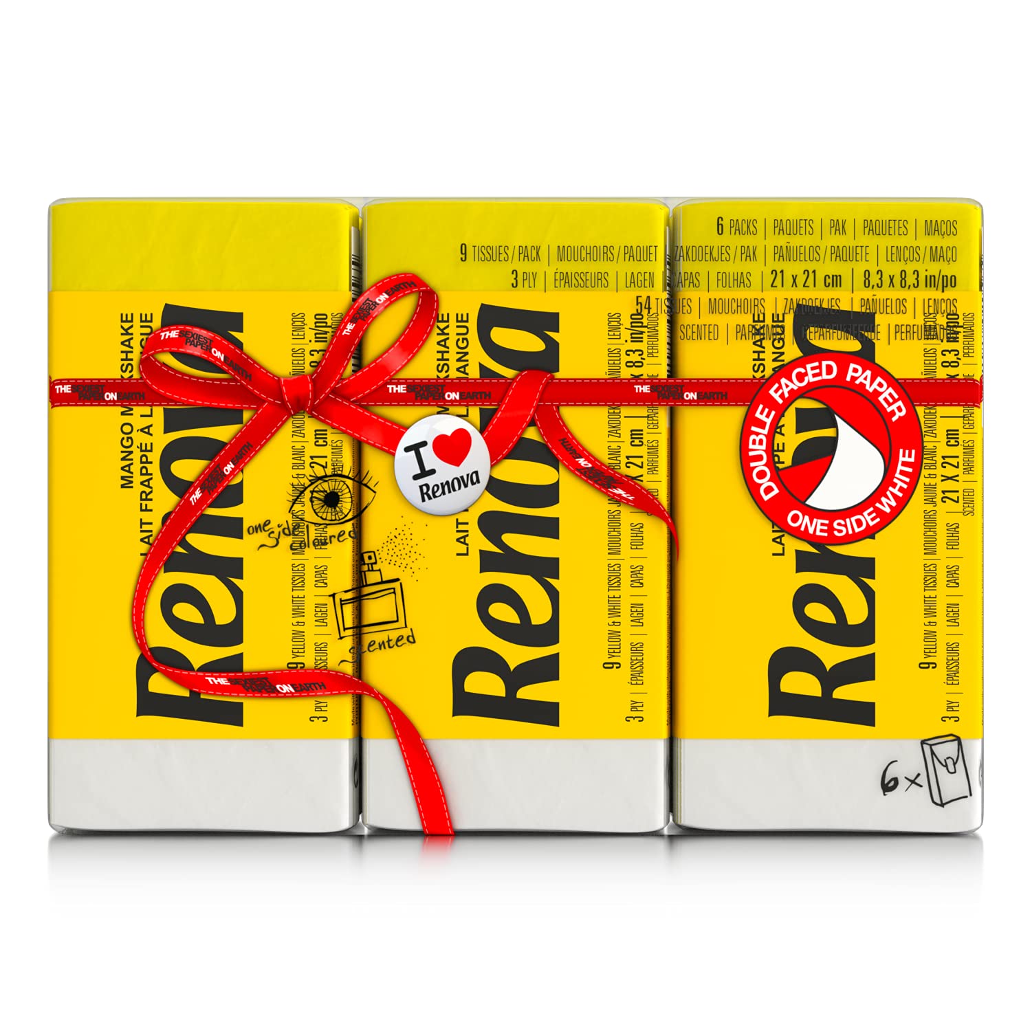 Renova Red Label Mango Taschentücher, 12 Stück, 3-lagig, mit Mangoduft