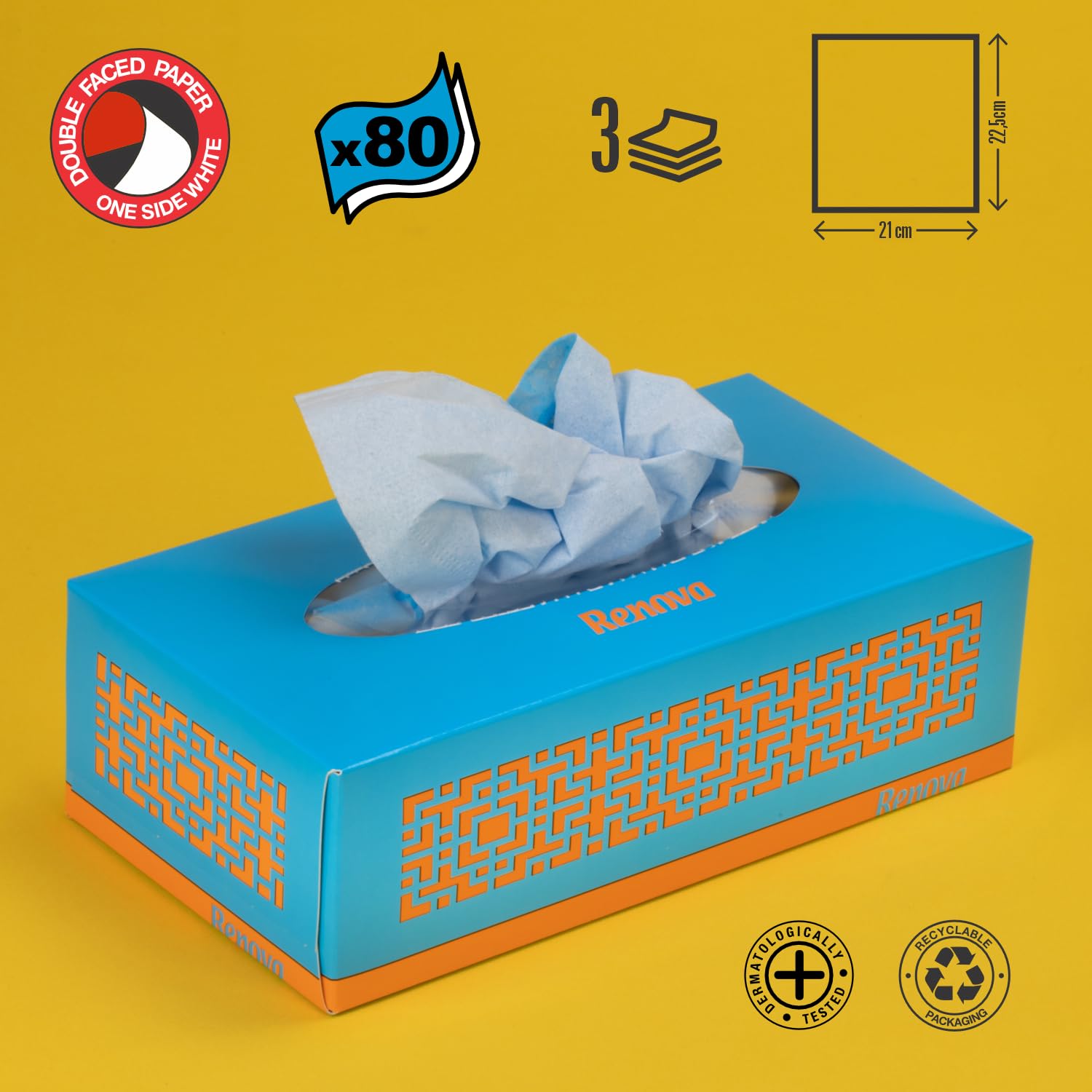 Renova Tissues Blue Facial Taschentücher, 80 Stück, 3-lagig