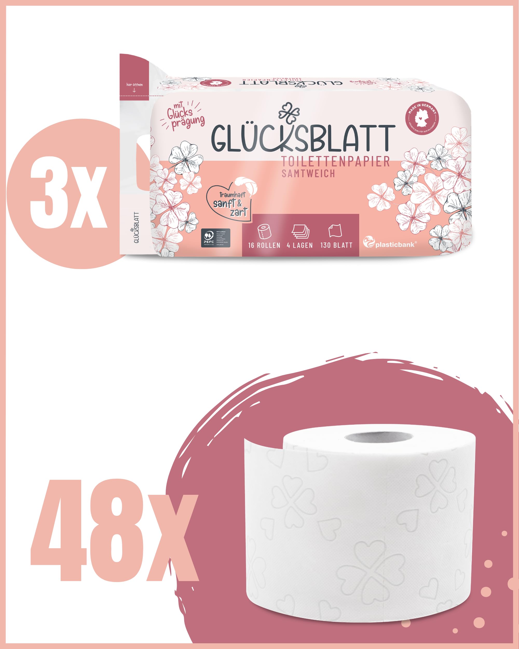 Glücksblatt Toilettenpapier samtweich, 48 Rollen, 4-lagig