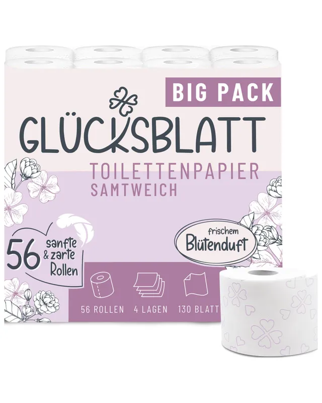 Glücksblatt Toilettenpapier, 56 Rollen, 130 Blatt, 4-lagig mit Blütenduft