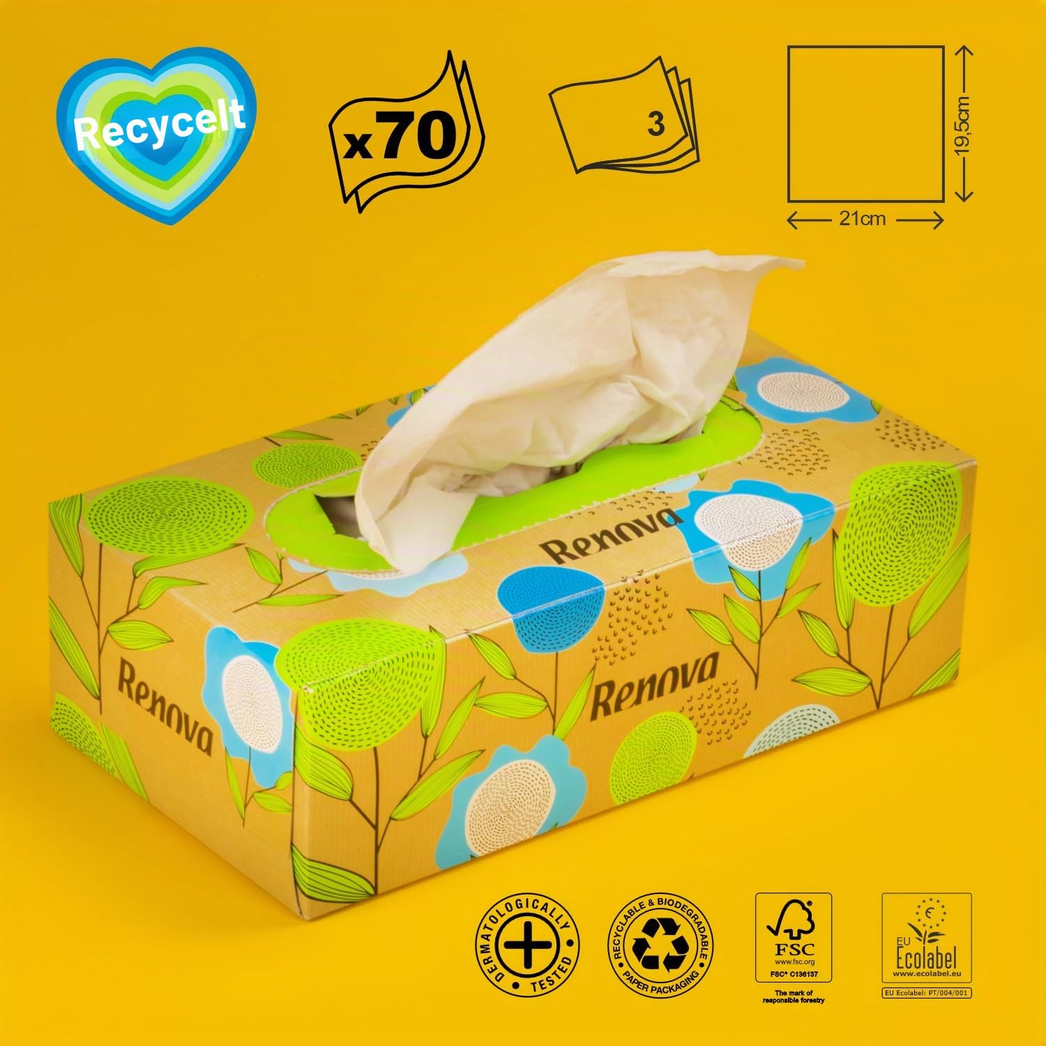 Renova Tissues 100% RECYCLED Facial Tissues Taschentücher 70 Stück unparfümiert