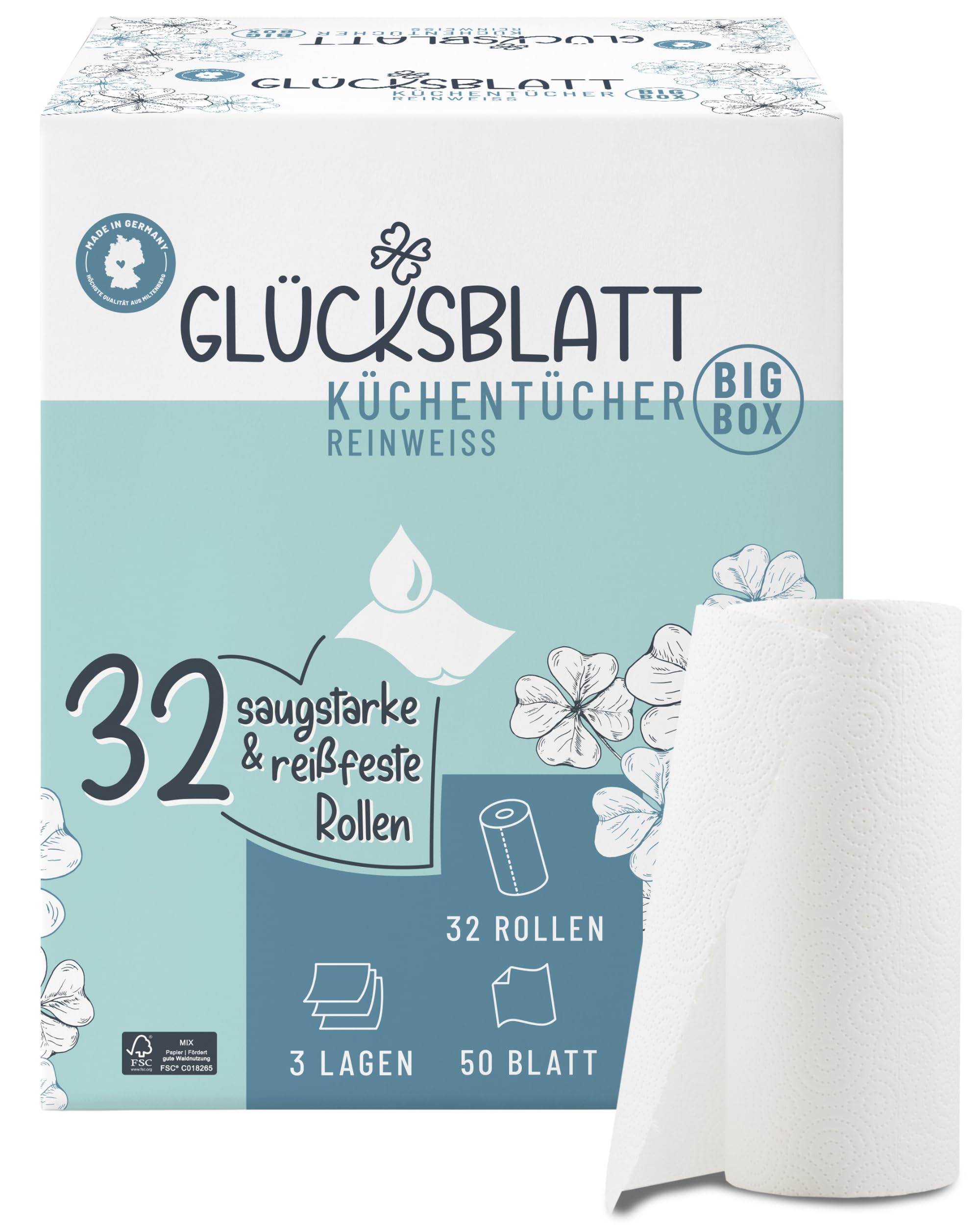 Glücksblatt Küchentücher Küchenrollen 32 Rollen 3-lagig saugstark