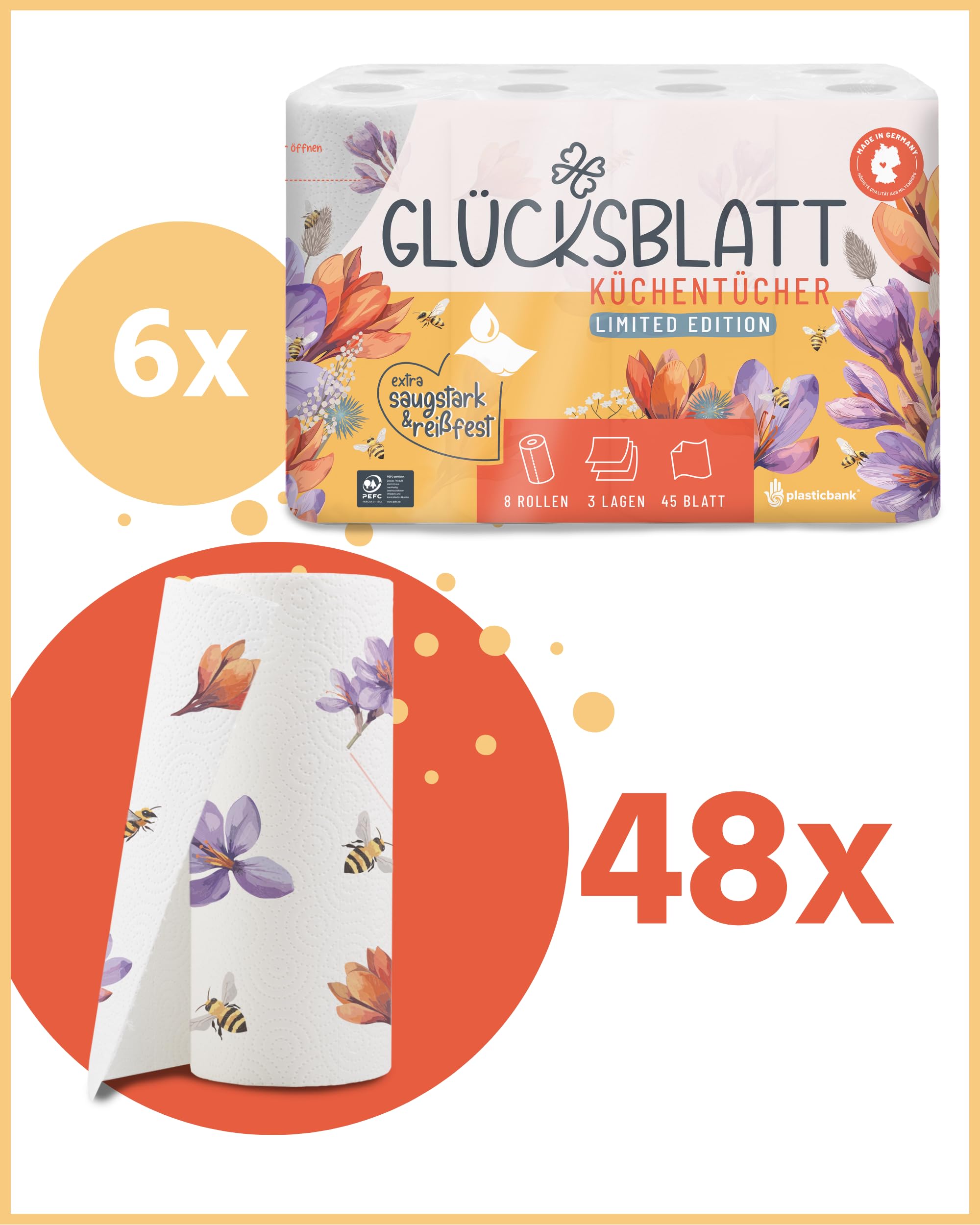 Glücksblatt Küchentücher mit Motiven, 48 Rollen à 45 Blatt, 3-lagig