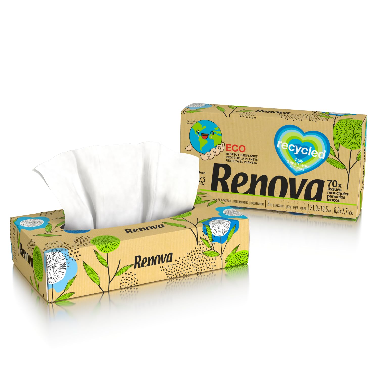 Renova Tissues 100% RECYCLED Facial Tissues Taschentücher 70 Stück unparfümiert