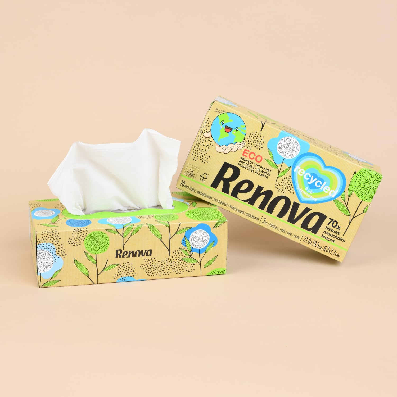 Renova Tissues 100% RECYCLED Facial Tissues Taschentücher 70 Stück unparfümiert