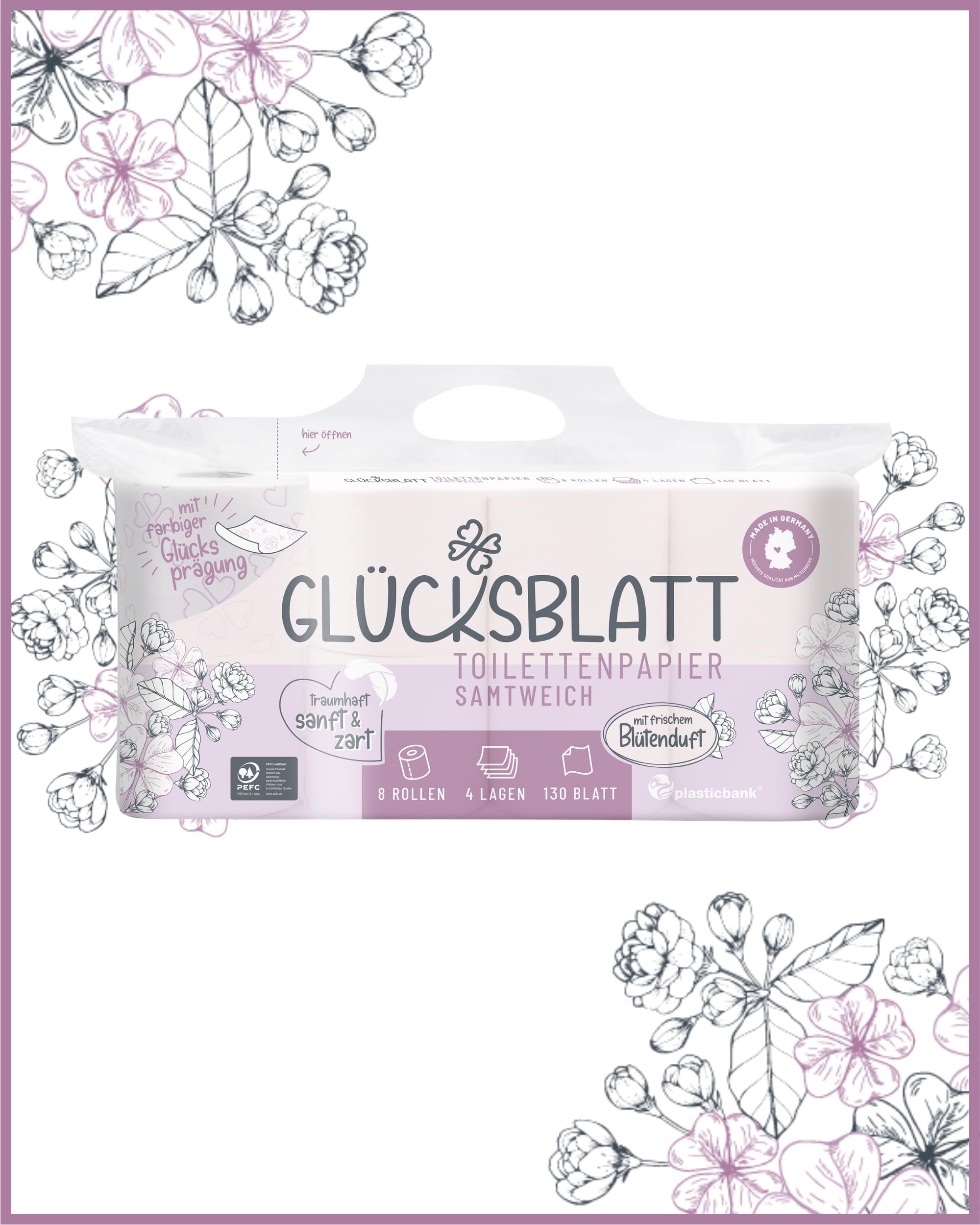 Glücksblatt Toilettenpapier, 56 Rollen, 130 Blatt, 4-lagig mit Blütenduft