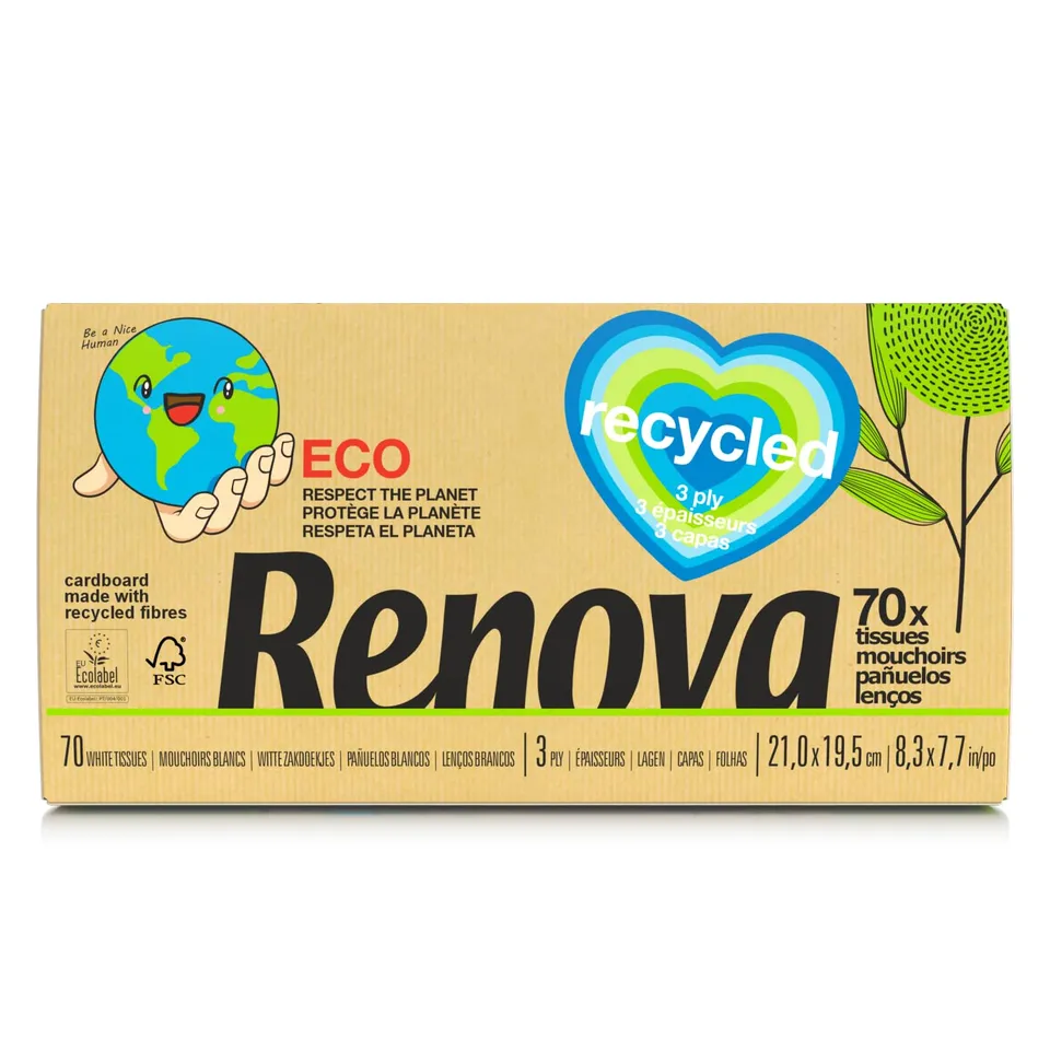 Renova Tissues 100% RECYCLED Facial Tissues Taschentücher 70 Stück unparfümiert