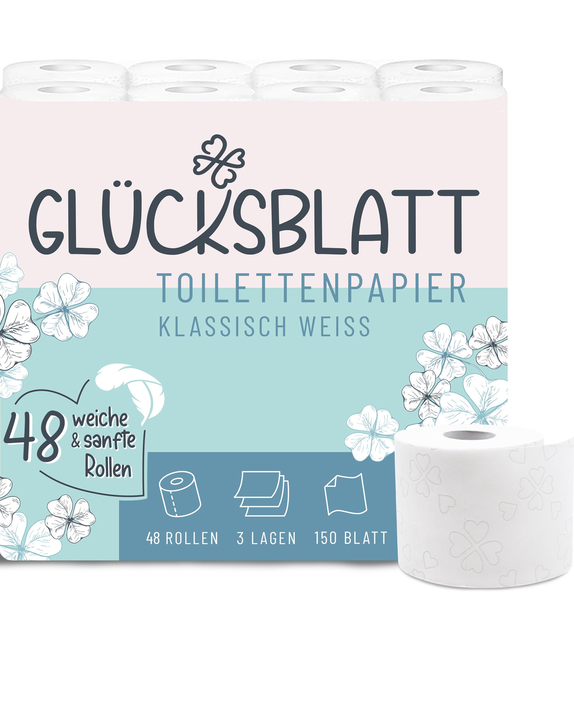 Glücksblatt Toilettenpapier Klassisch Weiß 48 Rollen, 3-lagig